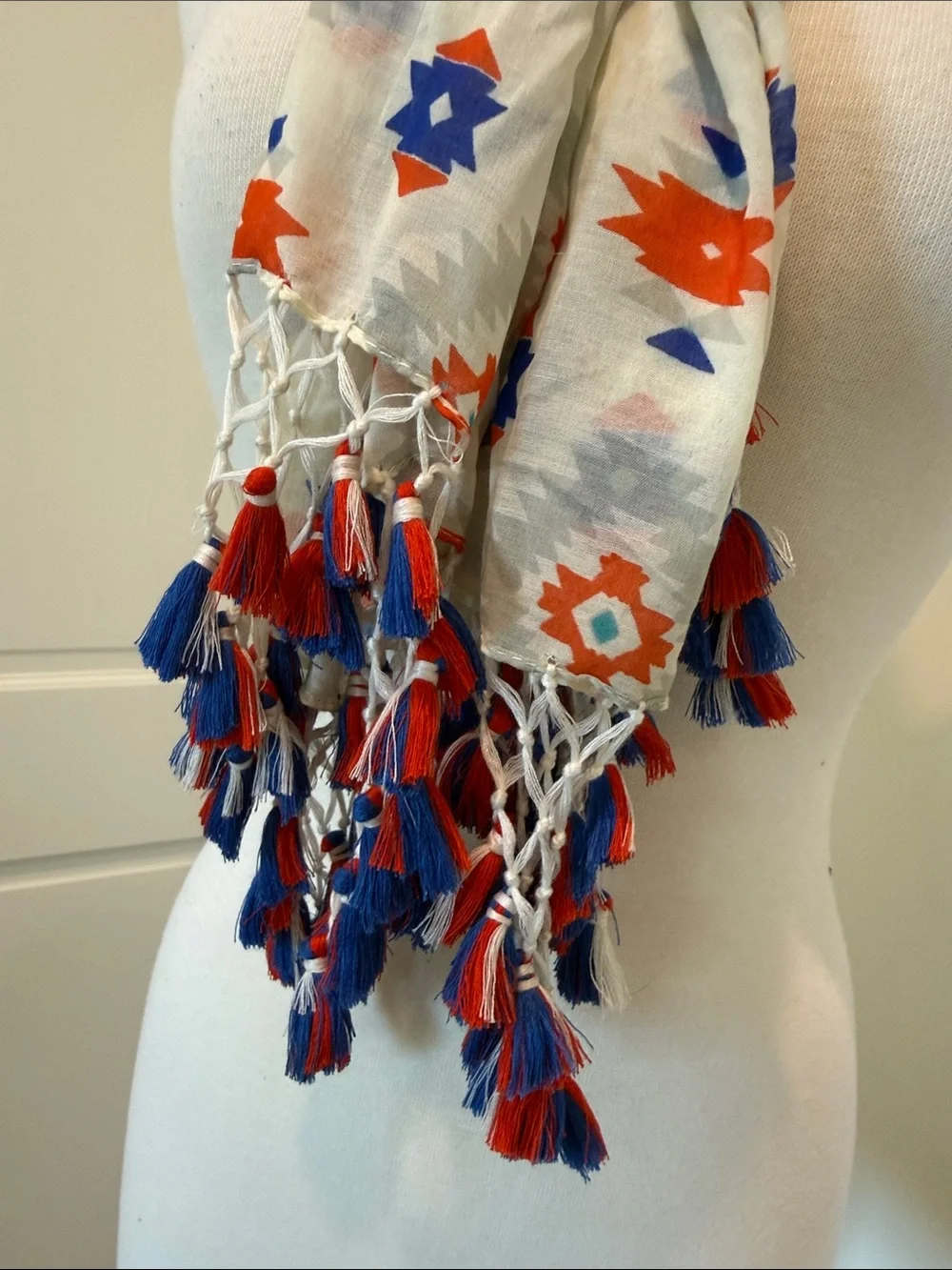 Light Cream Scarf with Red & Blue Star Motif - Unbranded